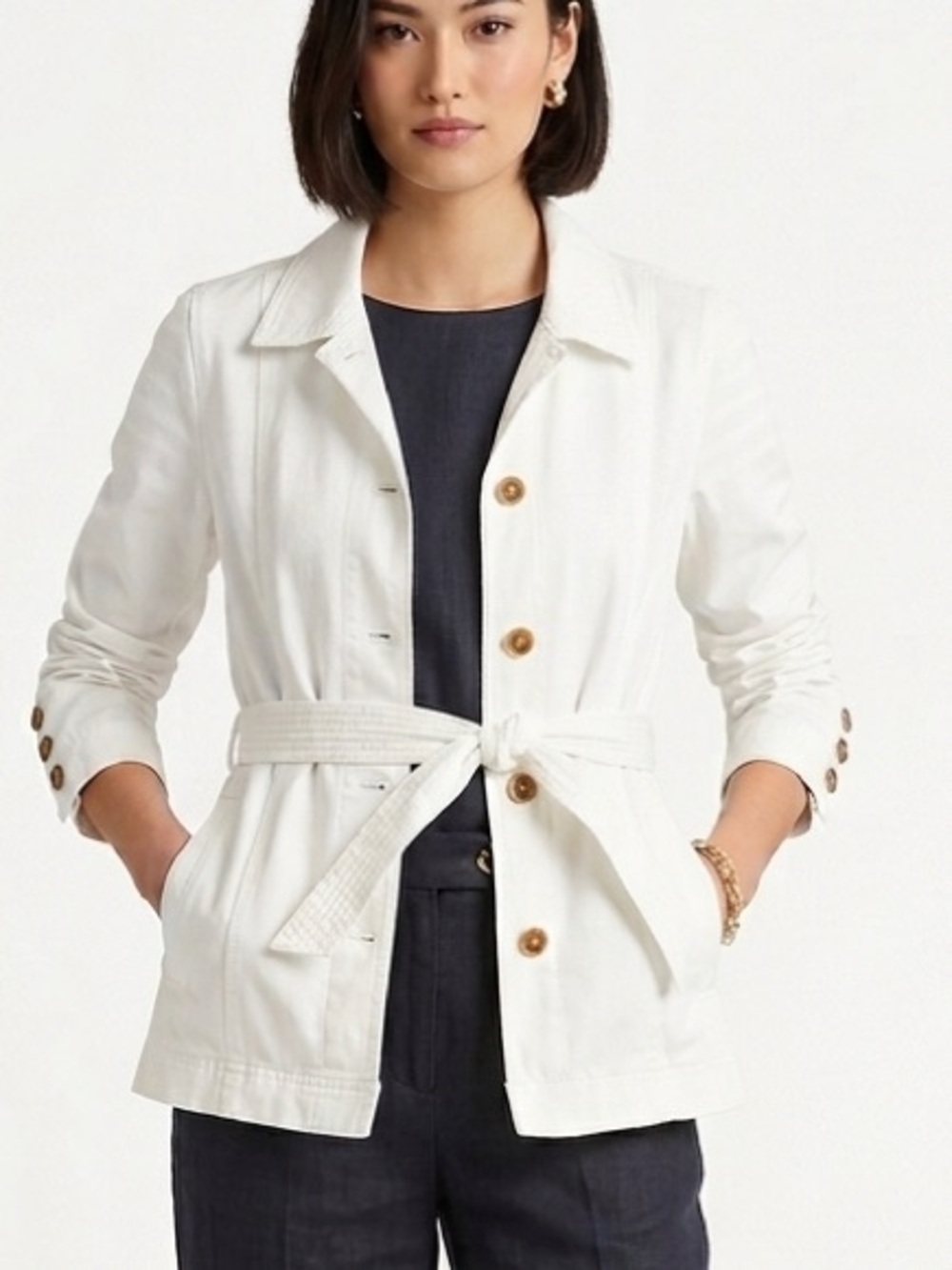 J. McLaughlin White Belted Linen Utility Jacket Sz L Breezy Nights